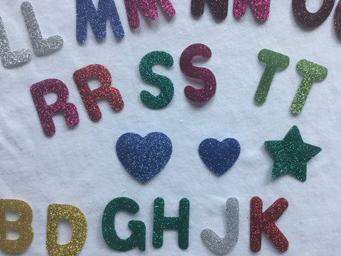 » Assorted Colors, 1.25" Tall Glitter Letters,Iron On Heat Transfer Vinyl for Custom Name,Birthday Girl Shirt,Boy Shirt,Birthday tees, Love MOM, DAD, Lets Party,Decoration (100% off)